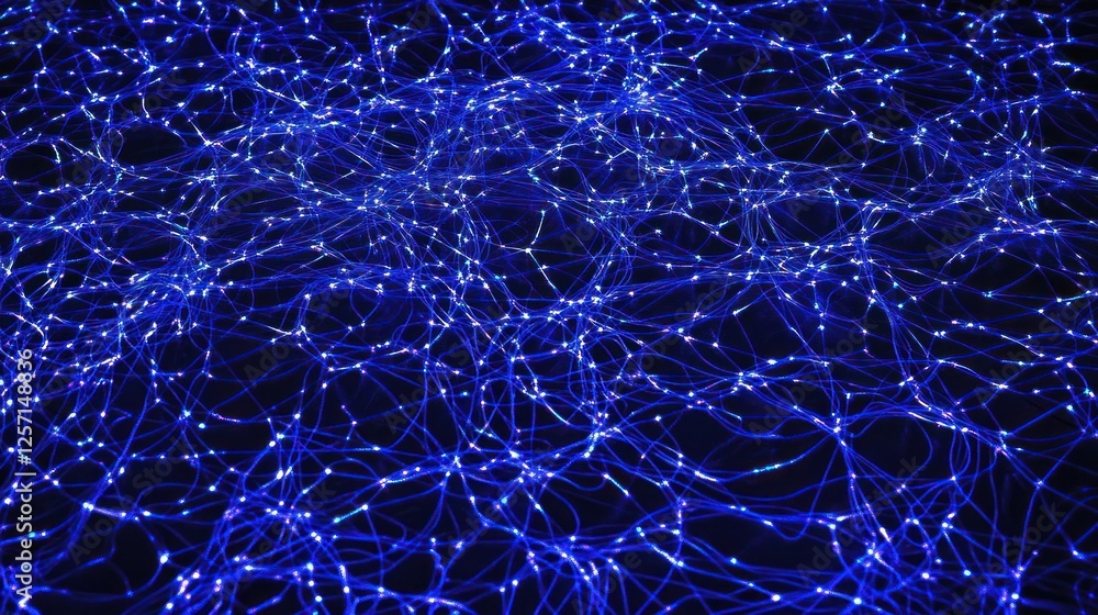 Poster abstract blue network with glowing nodes connects across dark space