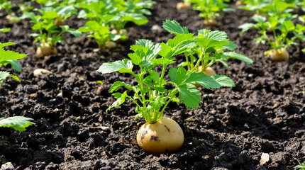 A potato plant grows in the ground.