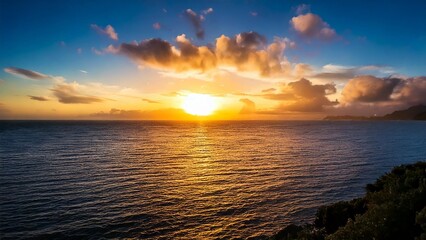 Fototapeta premium 広々とした真夏の夕焼け 空と海 背景素材 チラシ・バナー・動画素材 AI生成素材