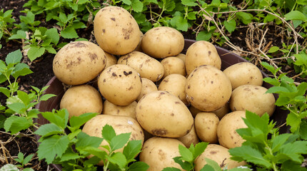 A bunch of potatoes are in the dirt.