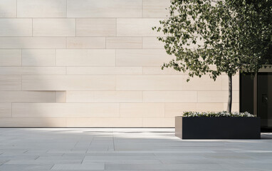 Modern architectural design featuring a minimalist tree planter in a bright urban setting