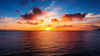 Obraz premium 広々とした真夏の夕焼け 空と海 背景素材 チラシ・バナー・動画素材 AI生成素材