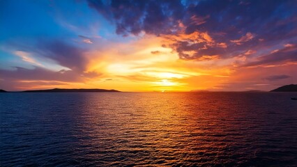 Fototapeta premium 広々とした真夏の夕焼け 空と海 背景素材 チラシ・バナー・動画素材 AI生成素材