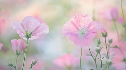 Fototapeta premium Delicate Pink Flowers on Soft Pastel Background for Serenity
