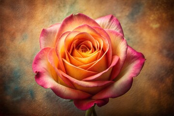 Peach and pink rose flower against textured brown backdrop