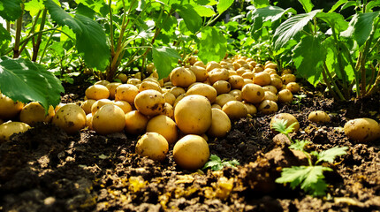 A bunch of potatoes are in the dirt.