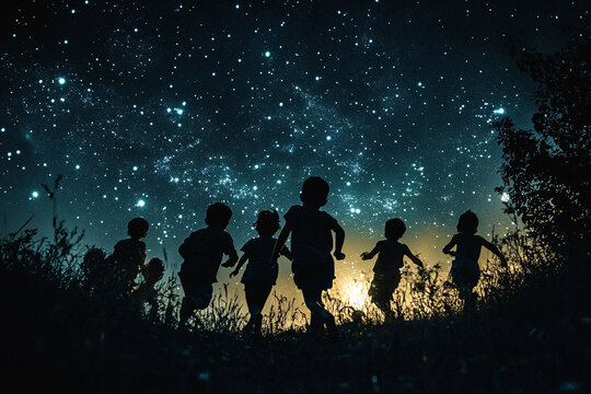 Children Silhouetted Against A Starry Night Sky