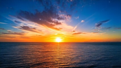 Obraz premium 広々とした真夏の夕焼け 空と海 背景素材 チラシ・バナー・動画素材 AI生成素材