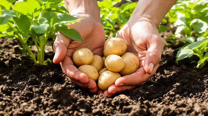 A man is holding a bunch of potatoes in his hands