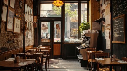 A quaint caf with vintage decor, an old-fashioned espresso machine, and handwritten menu boards.