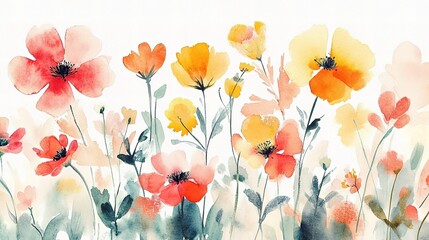 Vibrant Watercolor Illustration of Assorted Flowers in Bloom