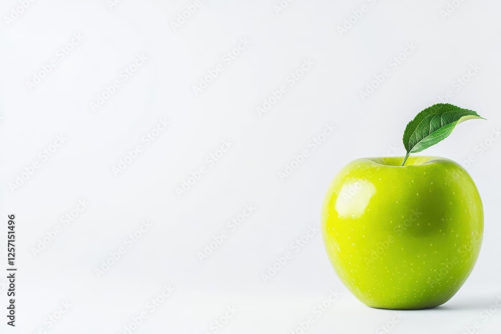 Poster fresh red apple with a green leaf on top resting on a wooden table in natural light