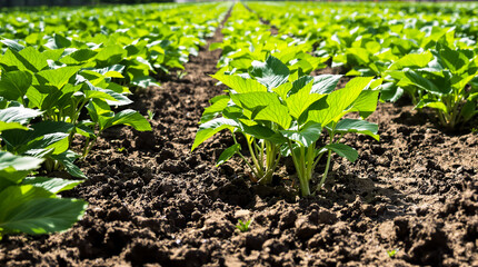 A potato plant grows in the ground.