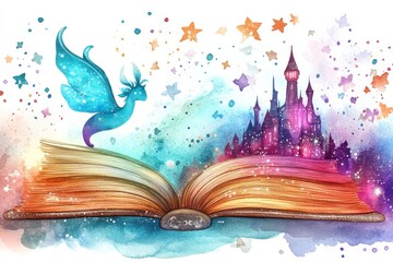 Naklejka premium Dreamlike book opens to a fairy tale world with a castle and magical creature surrounded by colorful stars