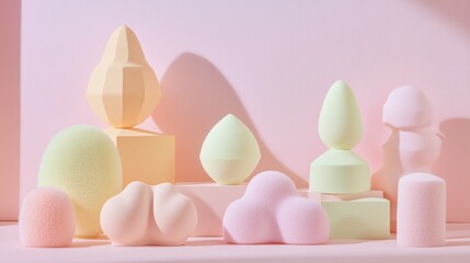 Colorful Pastel Makeup Sponges Displayed on Podiums