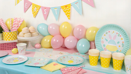 Fototapeta premium A vibrant arrangement of Easter party supplies, including balloons, streamers, paper plates, and napkins in pastel colors.