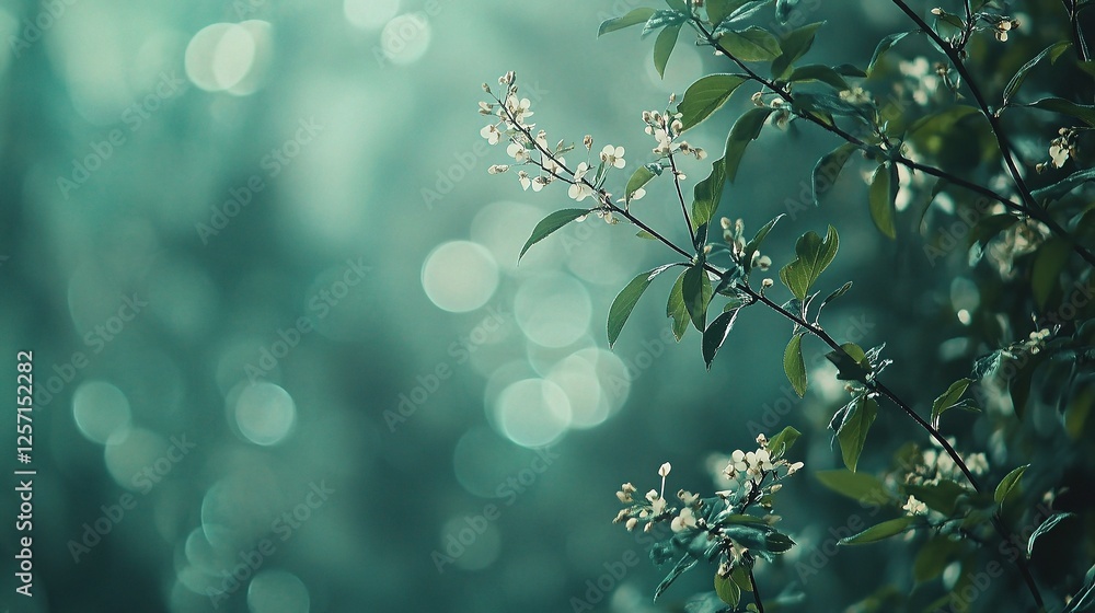 Poster delicate green leaves with soft bokeh background in spring light