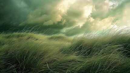 Windswept grass under dramatic sky.