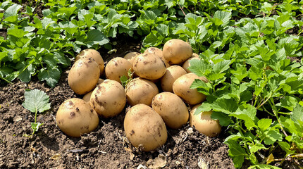 A bunch of potatoes are in the dirt.