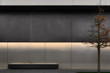 Naklejka premium Modern architectural design featuring sleek metallic surfaces with natural elements