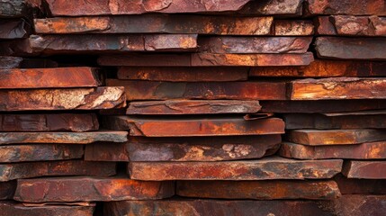 Stacked rusty red and brown stone slabs.
