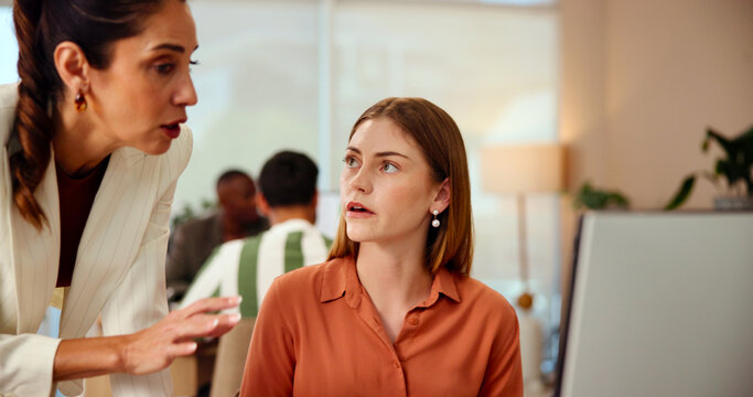 Manager, computer and helping woman in office, business internship and support with learning process. Employees, mature expert and teaching intern skills with company site, online and news agency