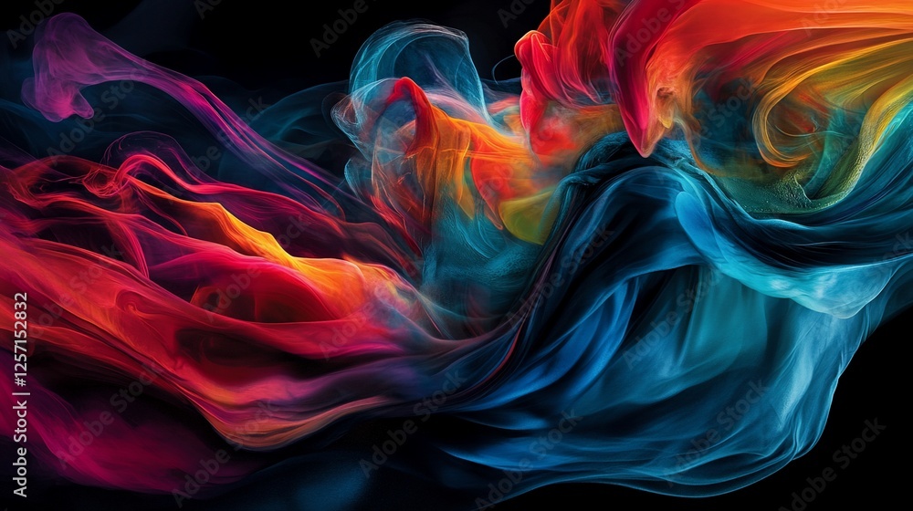 Poster abstract flowing colorful waves of fabric texture on dark black background for presentation or artwo