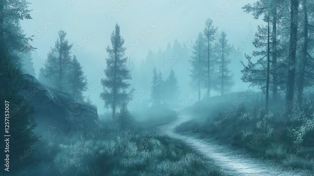 Poster a path winds through a misty forest landscape scene