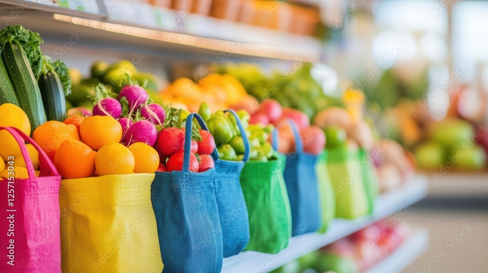 Poster assorted fresh fruits and vegetables arranged on display in a grocery store produce section