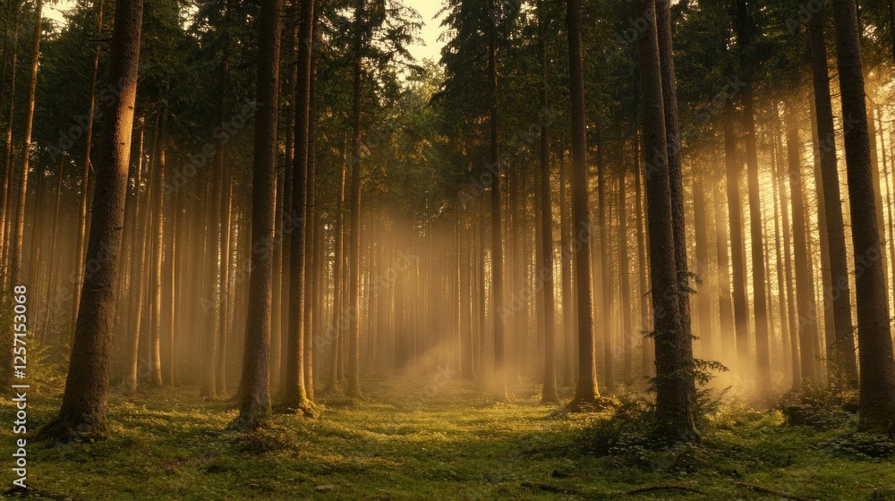 Poster sun shining through a dense forest creates a serene view