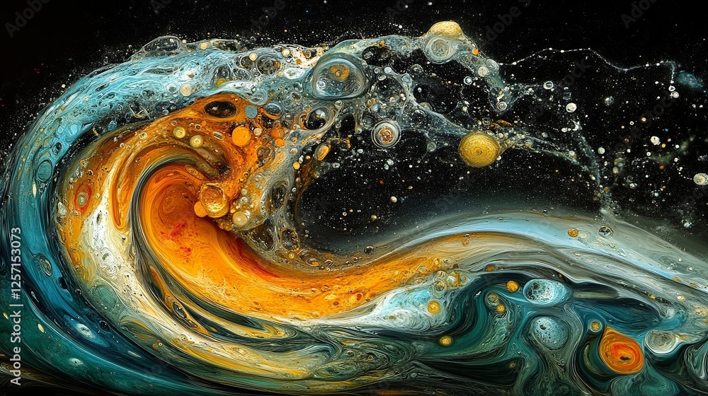 Poster abstract representation of waves and cosmic elements in vibrant colors during an artistic creation p