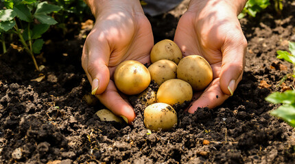 A man is holding a bunch of potatoes in his hands