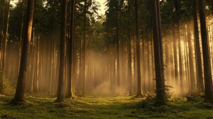 Obraz premium Sun shining through a dense forest creates a serene view