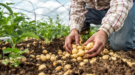 A man is holding a bunch of potatoes in his hands