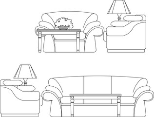 vector sketch silhouette illustration of modern living room sofa chair furniture design