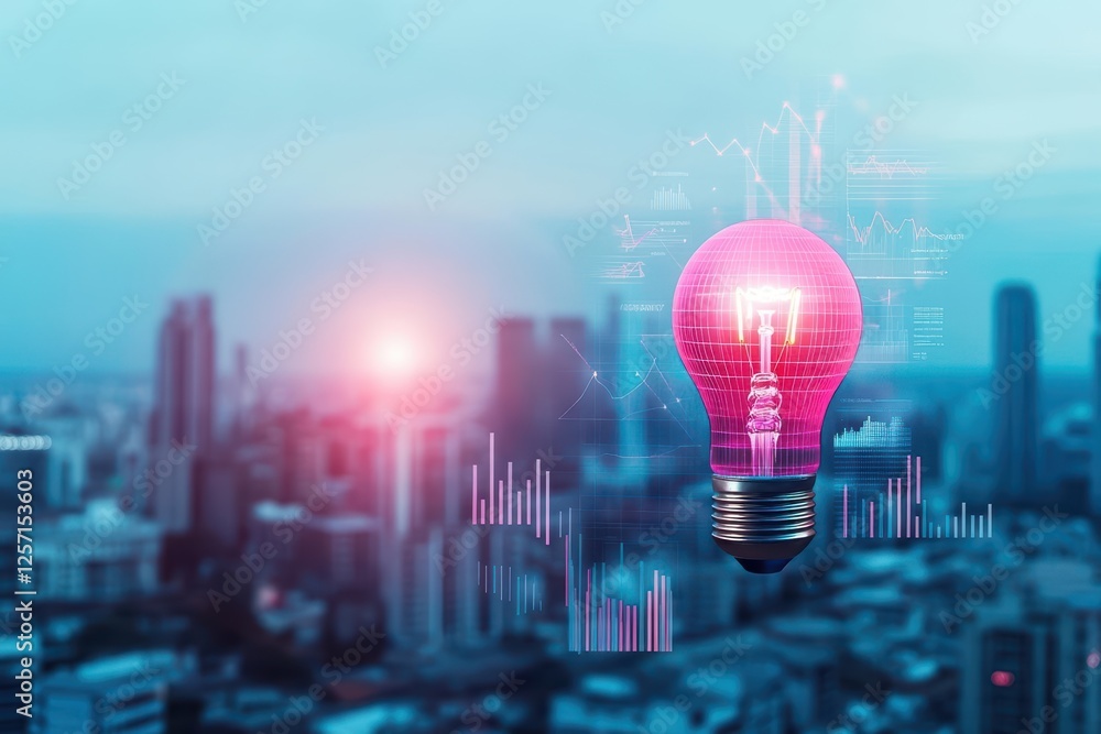 Poster light bulb glowing with a city skyline illuminated at night in the background