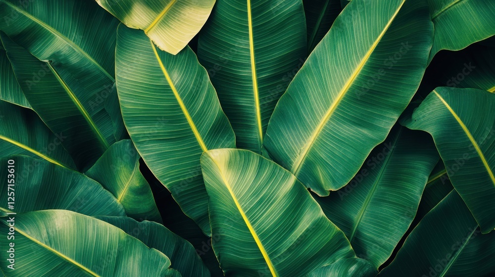Poster lush green banana leaves overlap creating a dense tropical scene