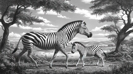 Fototapeta premium Two zebras walking in the african savannah landscape