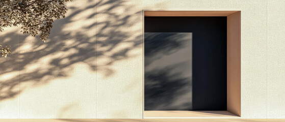 Minimalist architectural design featuring a shadow play on a textured wall in daylight