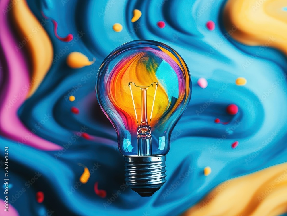 Poster light bulb covered in colorful paint splatters on a white background for artistic and creative conce