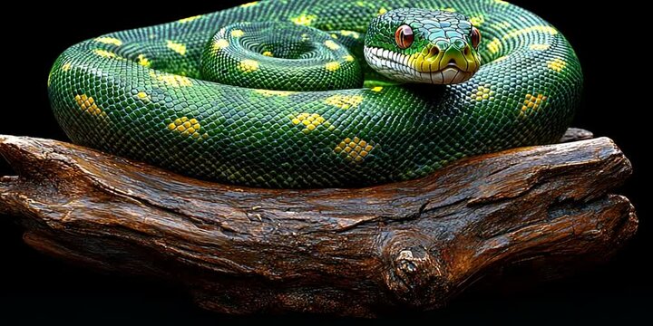 A vibrant green snake coiled on a textured wooden log, showcasing its intricate scales against a dark background