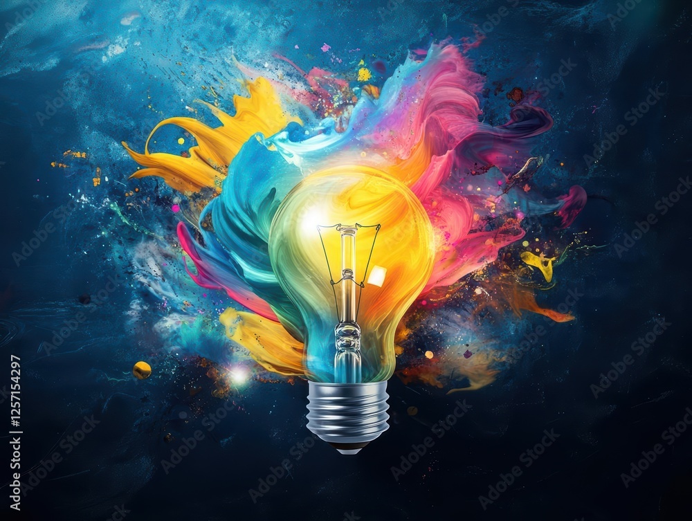Poster Light bulb with vibrant paint splashes creating an artistic and colorful effect on a white background