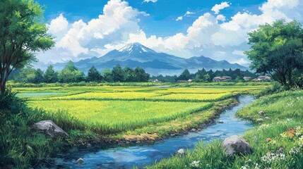 A scenic rice field in Japan with Mount Fuji visible in the distance.