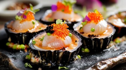 A seafood-tasting menu presentation featuring creamy uni with a rich seafood sauce.