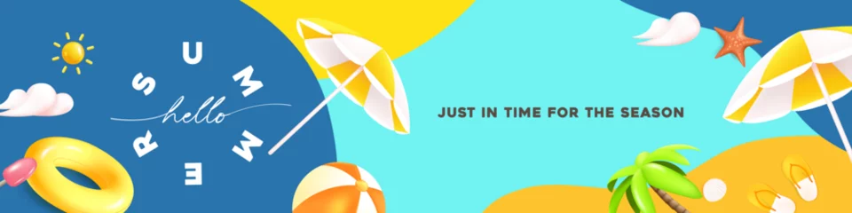 Fototapeten Türkis Summer web banner tropical beach vibes background with beach decoration  © bokmok