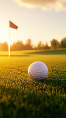 Obraz premium golf ball on green grass with flag in background