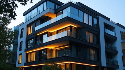 Modern apartment building twilight city lights