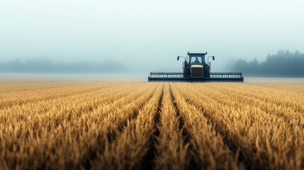Obraz premium A tractor works in a foggy field, surrounded by golden crops, showcasing the beauty of agriculture in a serene landscape.