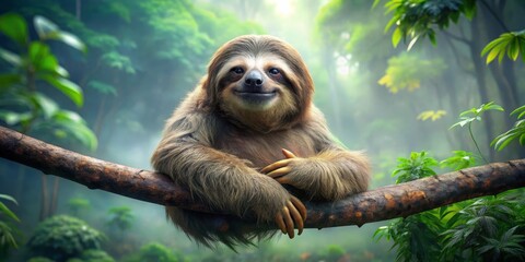 Obraz premium Charming Sloth Relaxing on a Branch in Lush Tropical Forest