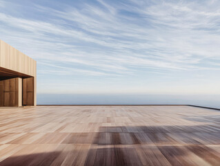 Open coastal view from a modern wooden balcony at dawn highlighting tranquil skies